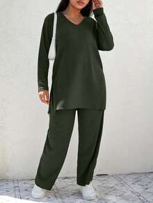 EURMUSE Plus Size Casual Solid Color Side Slit T-Shirt And Pants 2 Pieces Set - Army Green - View 1