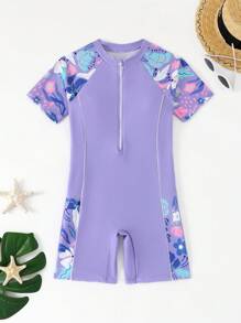 青少年女孩度假休闲印花拉链连体泳衣 - 紫色 - 查看 1