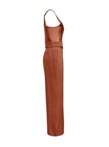 INAWLY Bộ đồ 2 món áo hai dây và quần dài trơn màu dành cho nữ, Xuân/Hè - Màu Khaki - Xem 4
