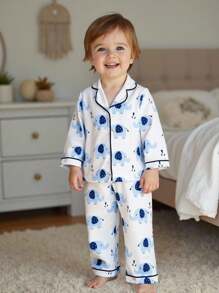 2 件套男婴睡衣套装，针织面料，大象印花，柔软舒适，长袖上衣，领口和袖口撞色，直筒裤，下摆撞色，可爱舒适的睡衣套装 - 藍色 - 查看 1