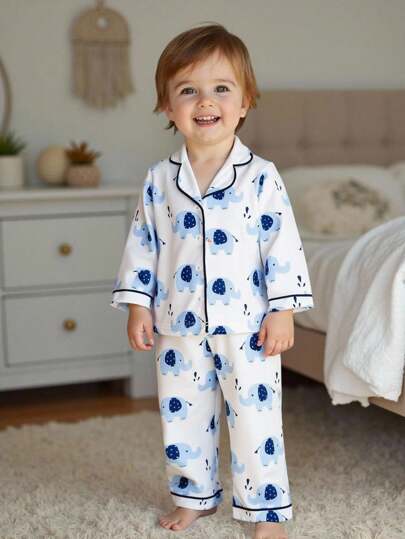 2pcs Baby Boy Pajamas Set, Knit Fabric With Elephant Print, Soft & Comfortable, Long Sleeve Top With Contrast Collar & Cuffs, Straight Leg Pants With Contrast Hem, Adorable & Cozy Sleepwear Set Boys Pajama Sets Cotton Baby Boy Elephant Pajamas Long Sleeve Pajamas 6M-3Y Fall Winter