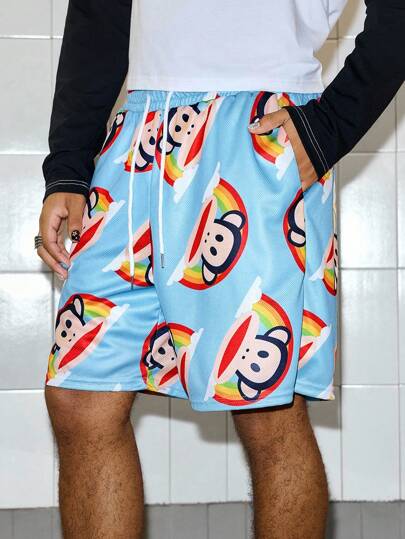 Paul Frank X ROMWE Men's Summer Casual Street Rainbow & Cartoon Pattern Drawstring Waist Slant Pocket Loose Shorts