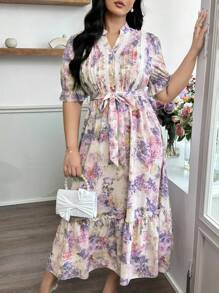 Modelyn Plus Size Elegant Floral Print Notched Neck Short Sleeve Dress - Multicolor - View 4