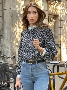 Pariaura 2025 Autumn And Winter New Shirts, French Embroidery Patchwork Lace Long-Sleeved Shirts, Fashionable And Elegant Women's Tops, Hollow Embroidery Shirts, Navy Blue High-Grade Fabric Shirts, Collar + Cuffs Splicing Lace, Single-Breasted Button Exquisite Shirts, Elegant And Atmospheric, Versatile Commuting, High-Grade Embroidered Fabric Shirts, Women's Autumn And Winter Shirts, Women's Autumn And Winter Going Out Shirts, Women's Versatile Commuting Shirts, Autumn, Winter, Women's Shirts, Open Placket Shirts, Autumn And Winter Wear, White Lace With Navy Blue Fabric Shirts.