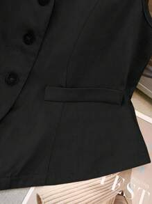 GlowEve CURVE Plus Size Women Casual Commuter Simple Solid V-Neck Button Front Vest And Shorts 2 Pieces Set - Black - View 5