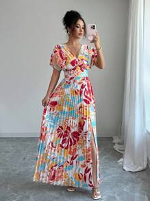 Rafferiza Pleated Slit Floral Print V-Neck Casual Vacation Bohemian Style Dress For Women Summer Dress