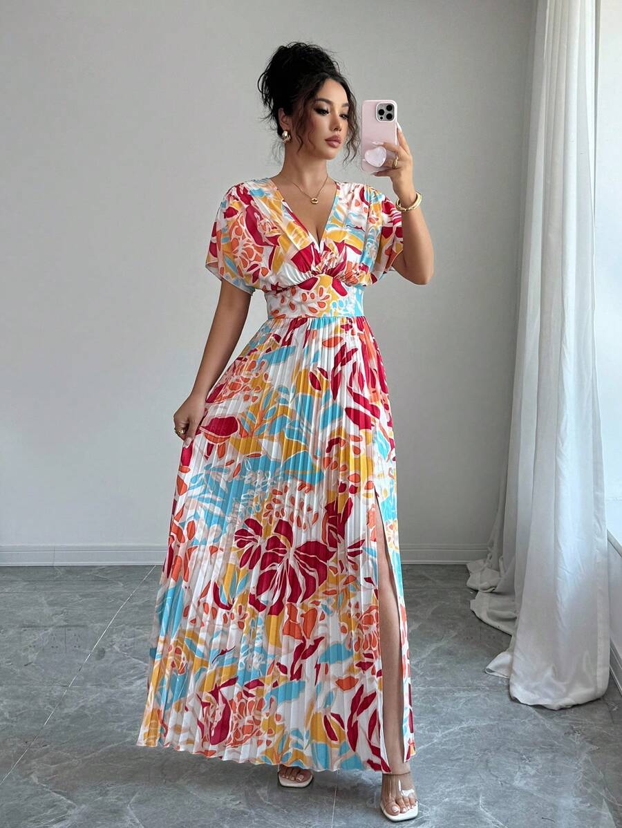 Rafferiza Pleated Slit Floral Print V-Neck Casual Vacation Bohemian Style Dress For Women Summer Dress