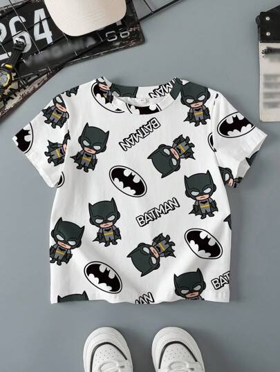 BATMAN X SHEIN 男童休闲蝙蝠与卡通图案圆领短袖T恤，夏季