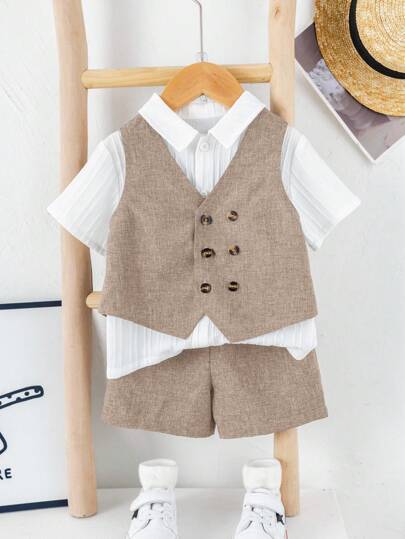 SHEIN Bộ 2 món/Bộ quần áo vest và quần short kaki hai hàng khuy phong cách Hàn Quốc thường ngày mùa hè cho bé trai/bé gái, thích hợp cho tiệc sinh nhật, tiệc tối, biểu diễn, đám cưới, tiệc chào đón em bé, tiệc mừng sinh nhật lần thứ 1