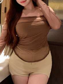 REIGN AVE Plus Size Women Mesh Patchwork Bodycon Off Shoulder Long Sleeve Cropped Top Going Out Tops - Khaki - View 4