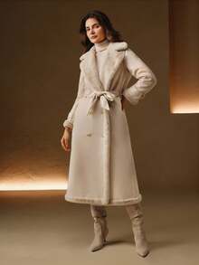 Anewsta 女士秋冬长款翻领腰带双排扣仿皮草大衣，优雅时尚 - 米色 - 查看 3
