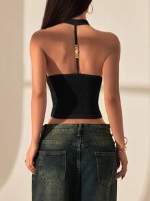 SHEIN PETITE 女式性感纯色露背吊带背心，夏季 - 黑色 - 查看 3