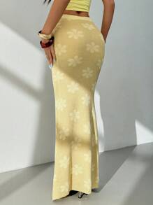 SHEIN PETITE Falda amarilla casual de punto con textura floral para mujer - Amarillo - Ver 3