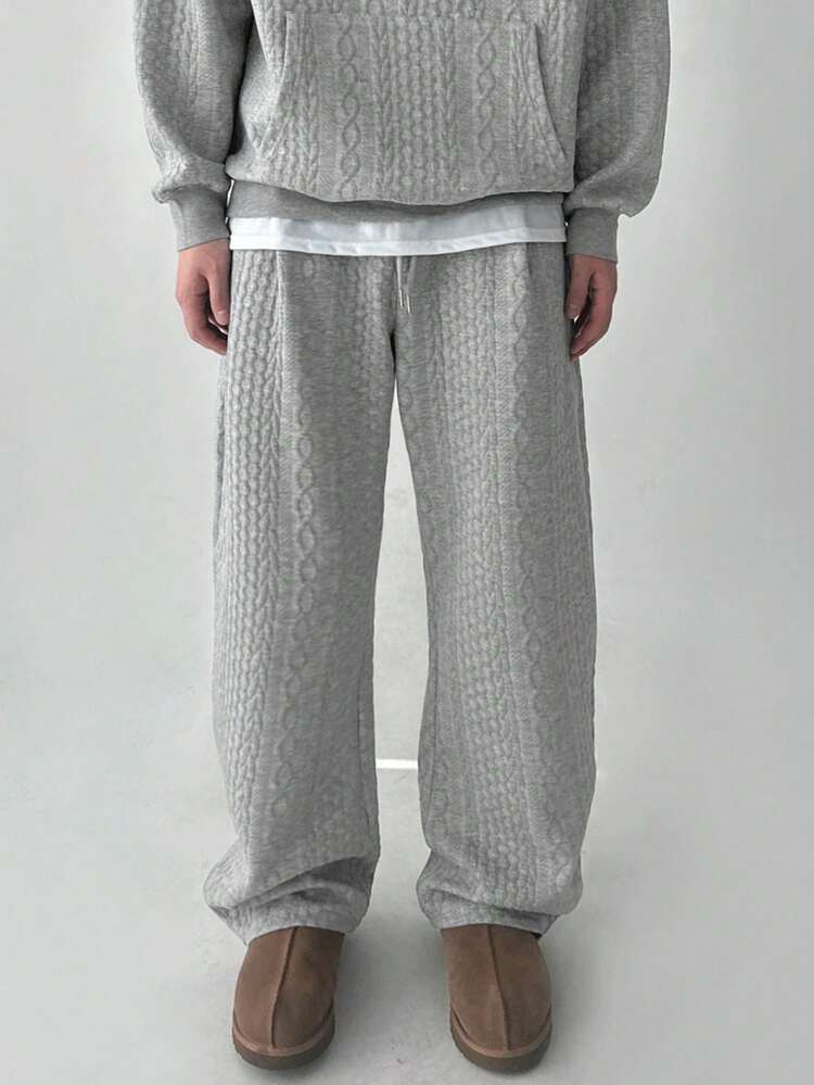 Men's Solid Color Textured Fabric Grey Hoodie Set, Autumn