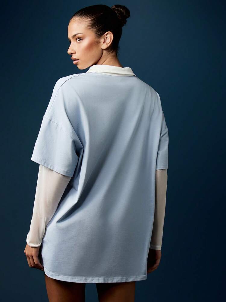 Missguided x Playboy Oversized V-Neck College T-Shirt Layered Long Sleeve Loose Fit Letter Print Casual Fall Comfort Wear Streetwear Stylish Design Collared Neckline Contemporary Fashion