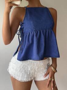 Siren Gaze 女式系腰荷叶边下摆吊带牛仔上衣 - 中等水洗藍 - 查看 3