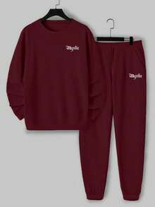 EURMUSE Men's Casual English Print Sweatshirt Set - Burgundy - View 5