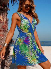 Swim Lushoire 女士海滩度假印花无袖V领束腰连衣裙和罩衫 - 藍色 - 查看 3