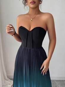 Elenzga 渐变色优雅浪漫褶饰腰部 A 字形下摆露肩连衣裙 - 彩色 - 查看 4