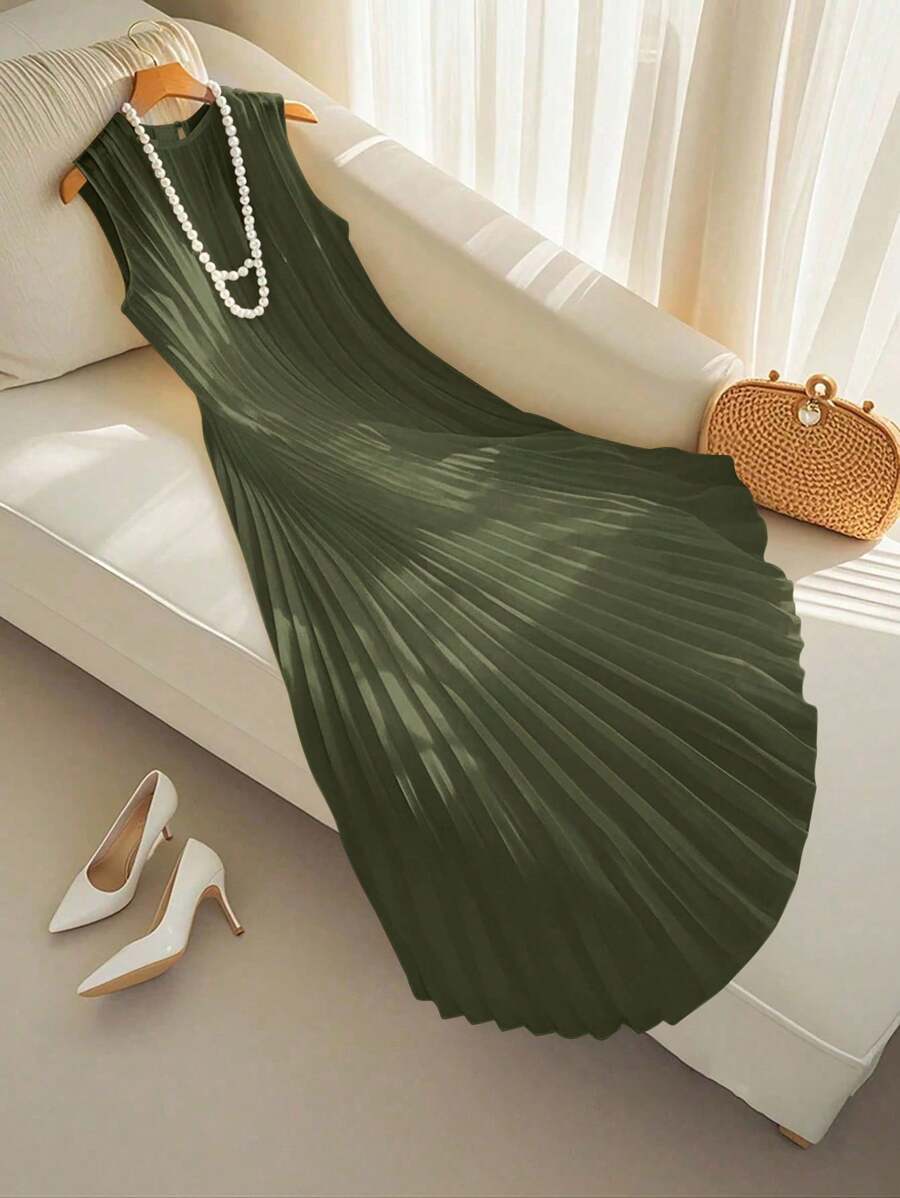 SHEIN Clasi 女士优雅百褶连衣裙，通勤、度假、约会的完美之选 - 橄欖綠 - 查看 1