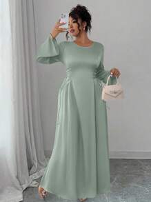 SHEIN Elenzya Vestido Elegante de Manga Longa com Laço na Cintura, Plus Size - Verde - Visão 3