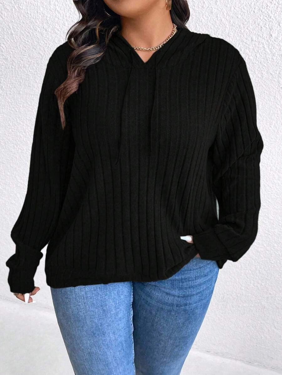 SHEIN CURVE+ 大码女式纯色长袖抽绳连帽休闲卫衣套头衫秋冬款 - 黑色 - 查看 1