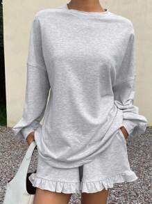 Livesso Damen Sommer Set aus locker sitzendem Sweatshirt und Shorts mit Rüschensaum, 2 Stücke