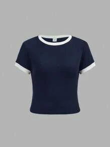 SHEIN Girlism Teen Girls' Ribbed Knit Contrast Color Casual Fitted T-Shirt & Loose Waistband Pocket Pants Set, Spring/Summer, Sporty Streetwear, Suitable For School, Football, Outdoor