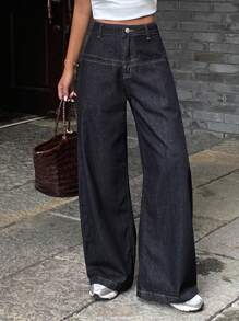 DAZY 女士口袋设计开衩宽松牛仔裤，休闲街头风长裤 - 深色水洗藍 - 查看 1