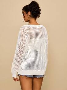 SHEIN VCAY Suéter de punto con estampado de limón y calado, ropa de otoño e invierno para mujer de talla grande - Beis - Ver 2