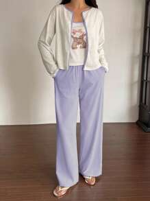DAZY Conjunto de pijama de 3 piezas con top de tirantes, bata y pantalones de unicolor con estampado lindo de conejo en contraste, ropa de otoño e invierno para mujer - Púrpura malva - Ver 3