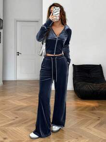 SHEIN EZwear Bộ đồ thể thao quần dài và áo khoác nhung ngắn màu trơn dành cho nữ - Xám - Xem 3