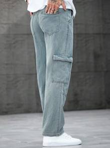 Manfinity Homme 宽松版型男式棉质工装牛仔裤，带翻盖口袋 - 藍色 - 查看 4