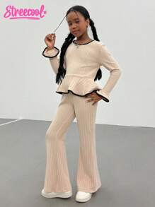 Tween Girl Contrast Trim Bell Sleeve T-Shirt And Flared Pants Set Fall Winter - Beige - View 7
