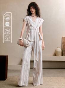 EMERY ROSE 女士梭织亚麻色织面料，时尚简约，优雅通勤，休闲，V领，打结，短袖上衣搭配阔腿裤，复古风女士，复古服装女士，米色和卡其色条纹两件套西装，全白，全白派对装女士 - 卡其色 - 查看 1