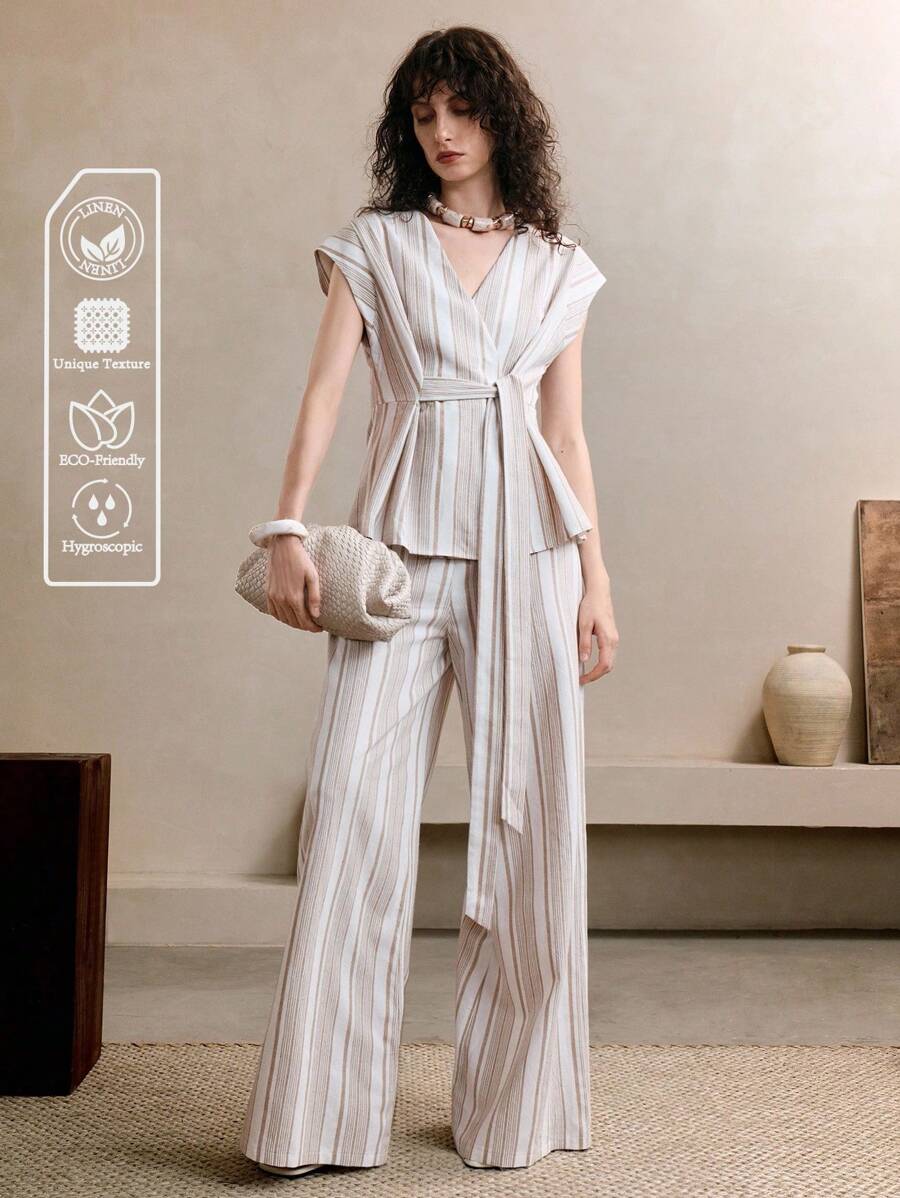 EMERY ROSE 女士梭织亚麻色织面料，时尚简约，优雅通勤，休闲，V领，打结，短袖上衣搭配阔腿裤，复古风女士，复古服装女士，米色和卡其色条纹两件套西装，全白，全白派对装女士 - 卡其色 - 查看 1