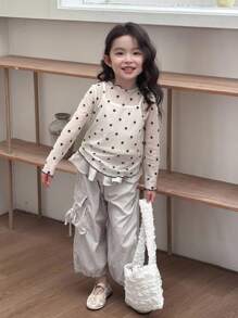 Dazy Kids 少女圆领长袖波点印花T恤 - 杏色 - 查看 2