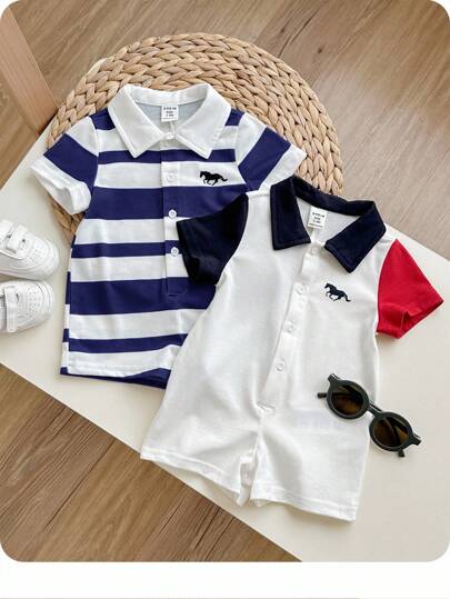 2 件套新生男婴可爱夏季条纹拼布短袖 Polo 领连体衣套装，适合生日派对、晚会、表演、婚礼、满月庆祝、洗礼和 1 岁生日婴儿洗礼