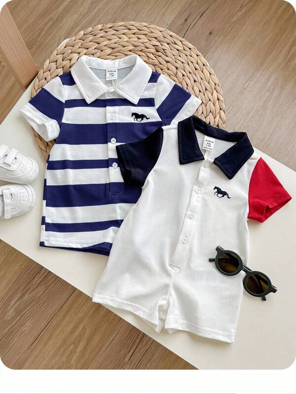 2 件套新生男婴可爱夏季条纹拼布短袖 Polo 领连体衣套装，适合生日派对、晚会、表演、婚礼、满月庆祝、洗礼和 1 岁生日婴儿洗礼