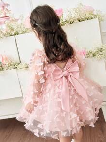 SHEIN 女婴 3D 蝴蝶结编织公主袖连衣裙，适合聚会、派对、郊游等场合