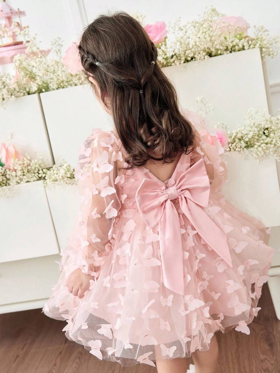 SHEIN 女婴 3D 蝴蝶结编织公主袖连衣裙，适合聚会、派对、郊游等场合