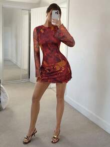 Siren Gaze 女式花卉印花露背秋季迷你连衣裙焦橙色连衣裙铁锈色连衣裙透视连衣裙网眼连衣裙露背连衣裙 - 彩色 - 查看 4