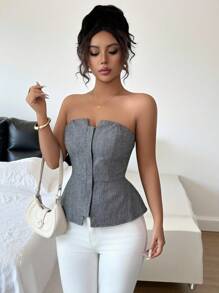 Chiquease Casual Sexy Open Front Zip Up Herringbone Texture Women Crop Top - Black and White - View 2