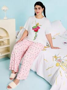 LE PETIT PRINCE X SHEIN Plus Size Women's Summer Fall Autumn Y2k Cleanfit Atry Chic Cute Dreamy  Retro Vintage Casual Vacation Vibe Back To School Clothes Preppy Style  Kawaii  Streetwear Loose White Pink  Comfortable Rose Floral Pattern Round Neck Short Sleeve T-Shirt And Pants Pajama Set, Summer - Multicolor - View 1