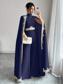 Chiquease 女士优雅亮片缎带装饰连体裤，适合大学派对穿着 - 藏蓝色 - 查看 7