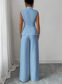 Elenzga 女士优雅办公室通勤下午茶派对套装，有领不对称下摆无袖西装外套，带金属腰扣装饰，搭配弹力腰裤，两件套西装，春夏 - 藍色 - 查看 3