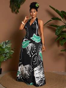 Maweii Plus Size V-Neck Sleeveless Printed Casual Commuting Holiday Dress, Summer - Multicolor - View 4