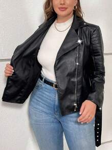 SHEIN Privé Plus Size Elegant Casual Personalized High Street Music Festival Long Sleeve Blazer Lapel Pocket PU Embossed Jacket, Suitable For Holiday, New Year, Party, Elegant Office Wear In Fall/Winter - Black - View 2