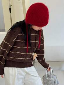 DAZY Tween Girls Crew Neck Striped Long Sleeve Sweater, Fall - Coffee Brown - View 1