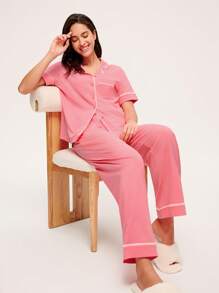 LUVLETTE 柔软100%纯棉撞色滚边粉色短袖基础款纽扣上衣和裤子女士家居服透气睡衣套装裤子带口袋舒适内衣居家穿着新娘内衣，秋季服装 - 珊瑚粉 - 查看 6